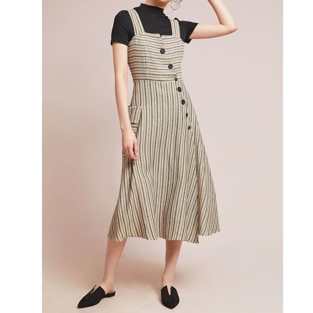 Eva Franco Striped Linen Blend Utility Button Front Midi Dress Black Beige 4